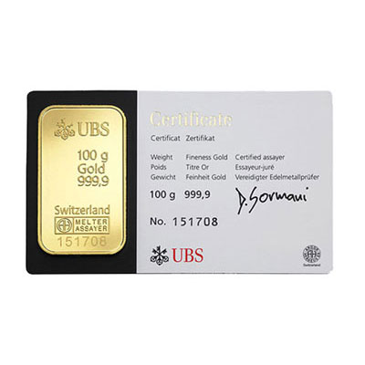 100 gram UBS gold bullion bar