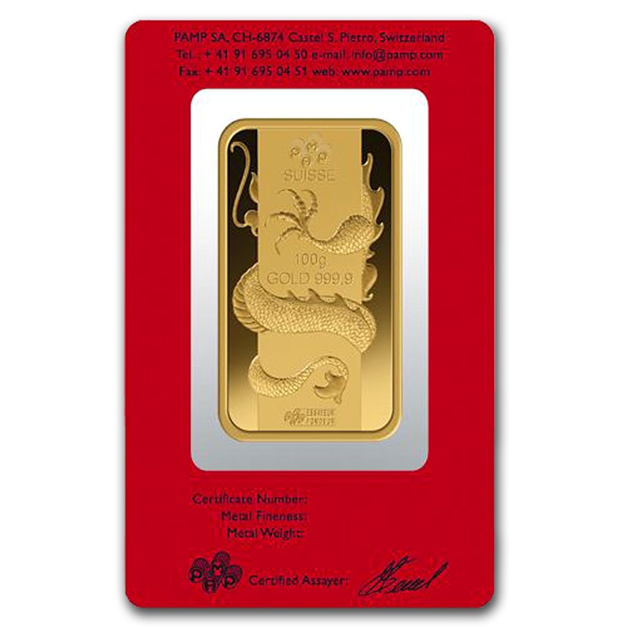 100 Gram PAMP Suisse Gold Bar - Lunar Dragon Series