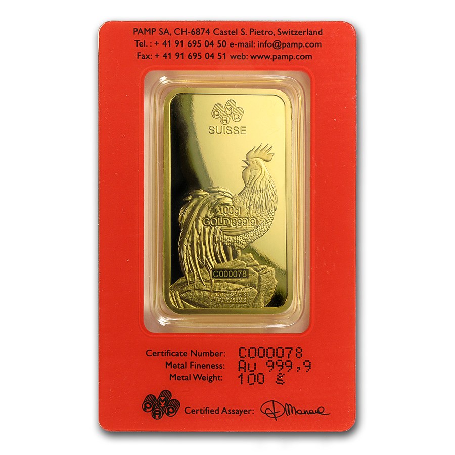 100 Gram PAMP Suisse Gold Bar - Lunar Rooster Series